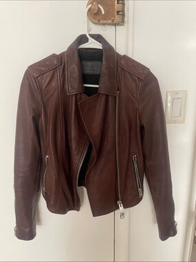 All Saints Brown Leather Moto Jacket with Silver Hardware